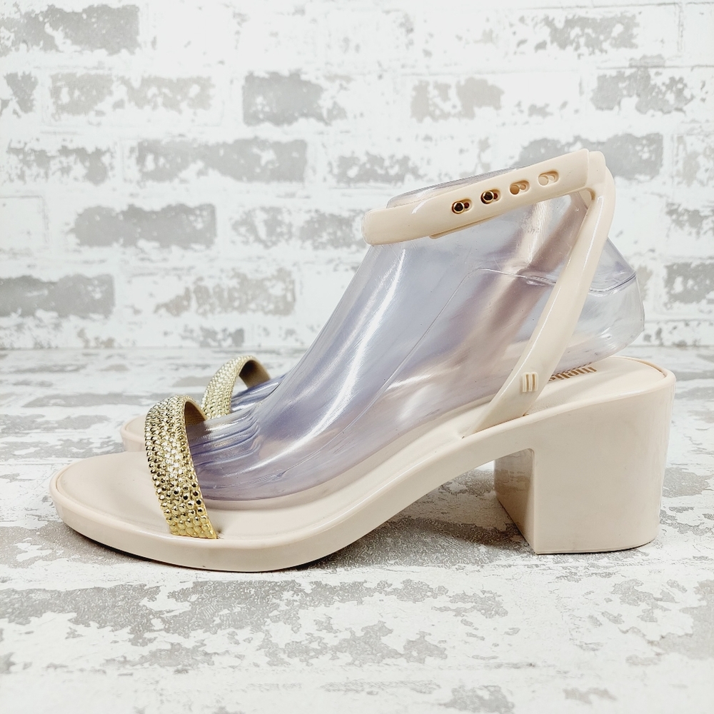 Melissa Cream Block Heel Sandals with Gold Crystal Strap